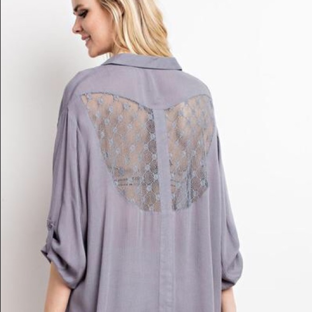 Grey Button Down Laced Back Blouse